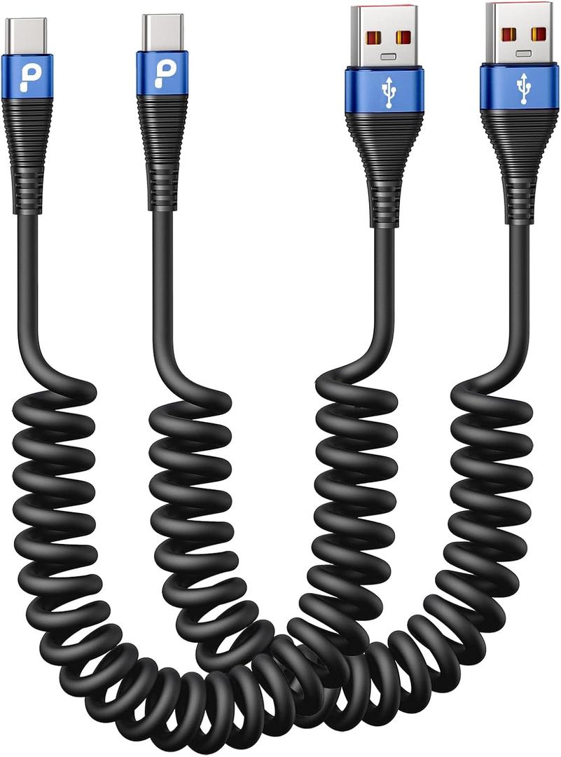 USB C Cable 3ft 2Pack Coiled USB A to USB C Charge Cord for Car, USB-C Charging Cable Compatible with iPhone 17/16/15/Plus/Pro/Pro Max/Samsung Galaxy S20 S10 S9 S8 Plus Note 10 and Other USB C Devices (Blue)