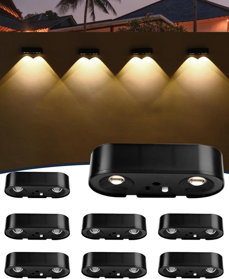 Solar Fence Lights - 50 Lumens Bright LED Lights, Outdoor Waterproof, Warm White/Cool White/RGB Mode, for Fence, Deck, Wall, Stair, Step, Yard, Garden (8 Pack)
