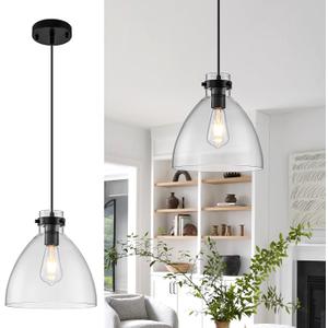 WILON Pendant Lights, Pendant Lights Kitchen Island, 1-Pack Black Farmhouse Pendant Light Fixtures with 9.8" Round Glass Shade for Dining Room Over Table Sink Bar Foyer