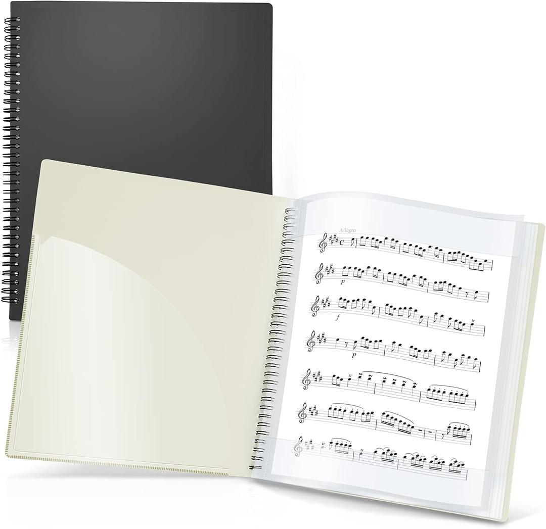 CRANBURY Sheet Music Folder 8.5x11 - Dual Use Music Holder (Black), Store Pages Inside 24 Protective Sleeves or Annotate Exposed Pages, Music Binder with Spiral Binding Stays Opens and Lays Flat
