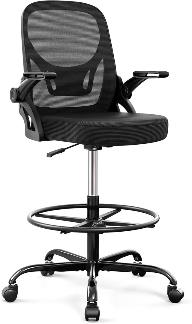 Alolo 450lbs Drafting Chair Tall Office Chair for Standing Desk with Flip-up Armrests,Ergonomic High Desk Chair with Lumbar Support and Adjustable Footrest Ring for Office,Black