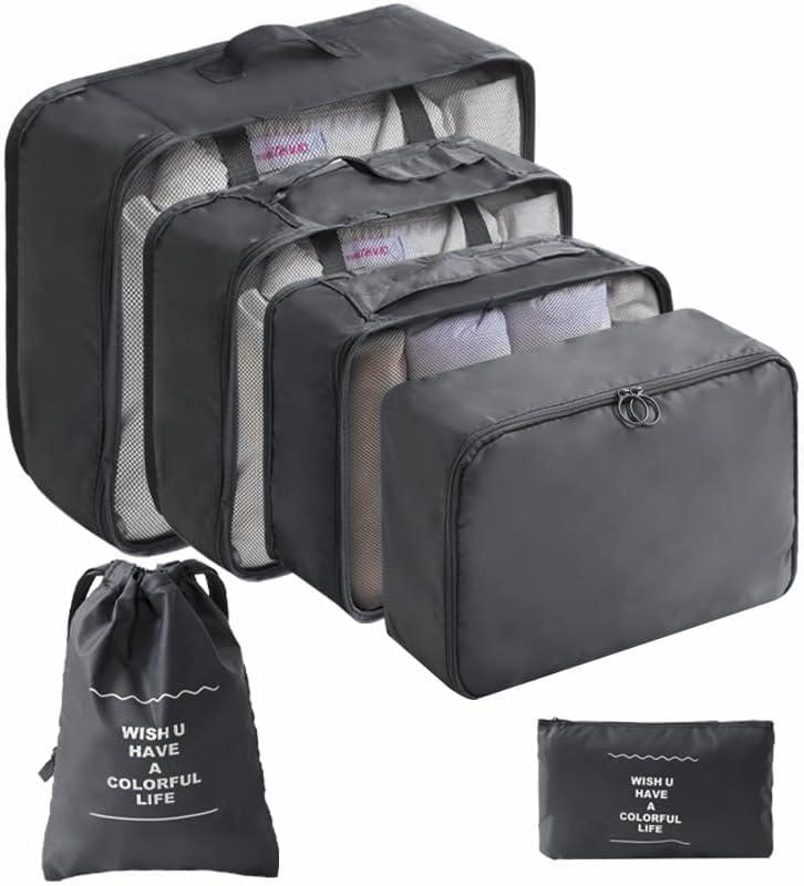 LANSKLBD 6 Set Packing Cubes for Travel, Luggage Organizers with Shoe & Toiletry Bags, Lightweight Suitcase Organizer for Carry-On, Washable Laundry Bags(Black)
