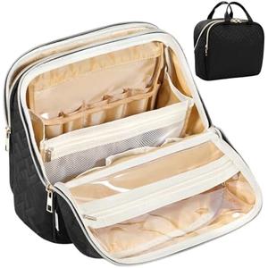 JOYYTUU Makeup Bag, Large Capacity with Room for Brushes and Mirror, Travel Makeup Organizer, Portable Standing Make Up Case, Waterproof Cosmetic Toiletry Bags with Handle, Color Black