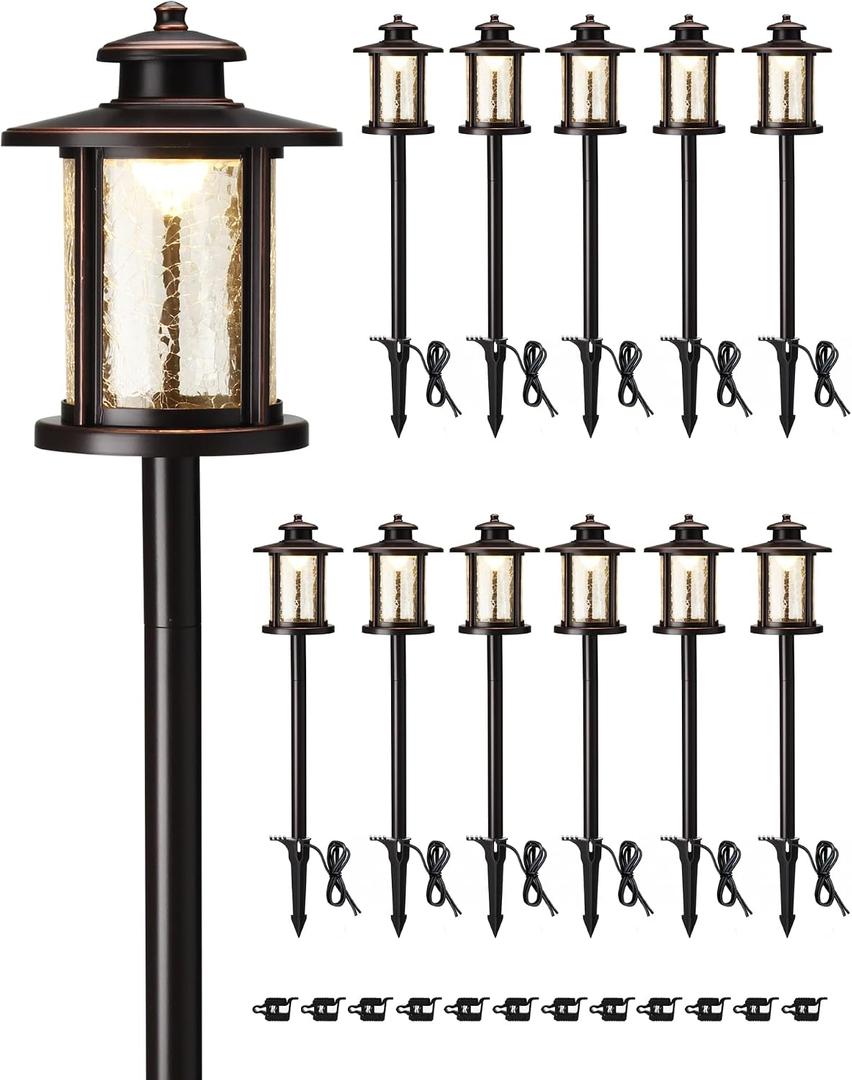 LITFIT Low Voltage Landscape Lighting, 12V 3.4W 155LM 3000K Outdoor Path Lights with Connectors, Crackled Shade, ORB Finish, Waterproof Aluminum LED Walkway Light Wired for Garden Yard, 12 Pack