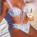 SweatyRocks Women's 2 Piece Swimsuits Frill Trim Tie Front Bathing Suit Wide Straps Floral Bikini Sets (Purple, L)
