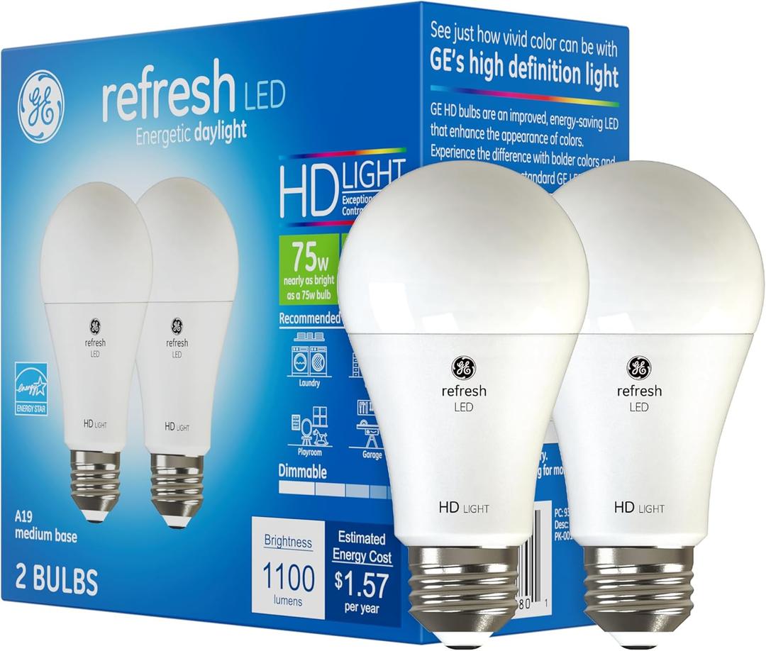 GE Refresh LED Light Bulbs, 75 Watt, Daylight, A19 (2 Pack)