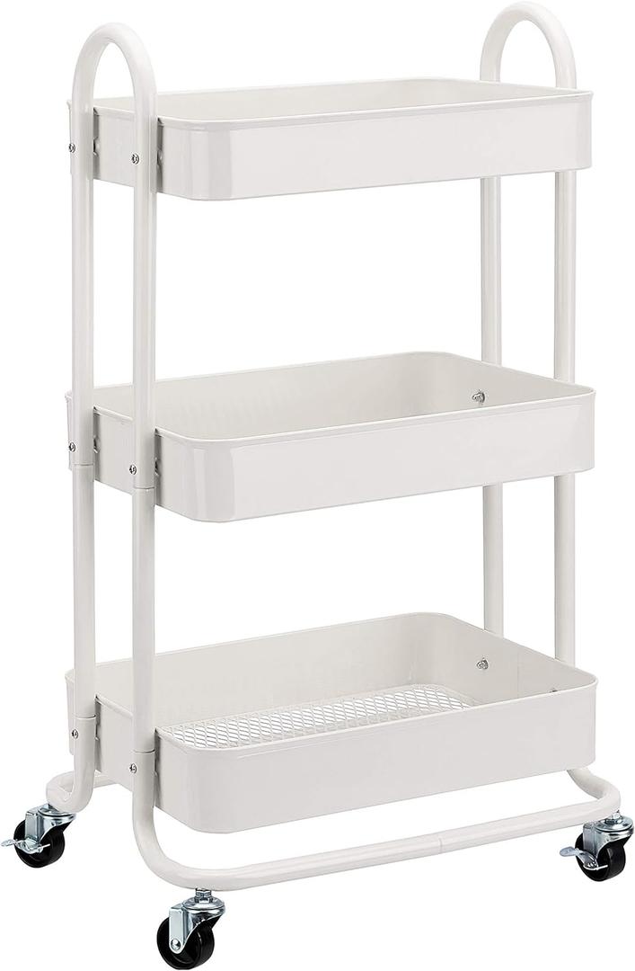 Amazon Basics 3-Tier Rolling Utility Cart, Storage Organizer, Lockable Wheels, Multifunctional Storage, Portable Mobile Shelving Unit, White