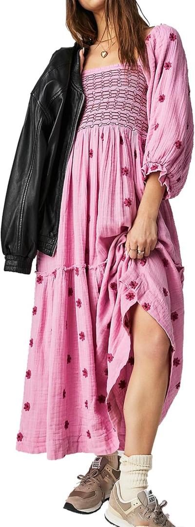 ABYOVRT Women Floral Embroidered Maxi Dress Long Puff Sleeve Square Neck Bohemian Flowy Dress with Pockets Summer Fall (Small, Pink)