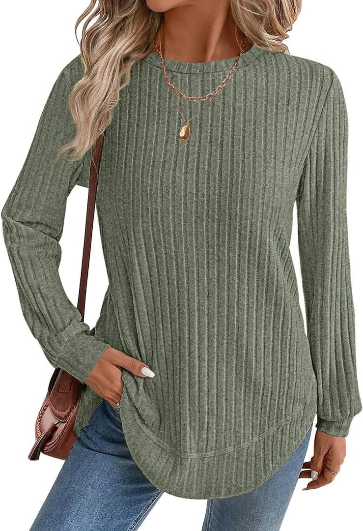 JUSTFASHIONNOW Womens Long Sleeve Shirts Trendy Sweaters Lightweight 2025 Casual Crewneck Fall Tunic Tops Loose Fit Dressy (Green, XL)
