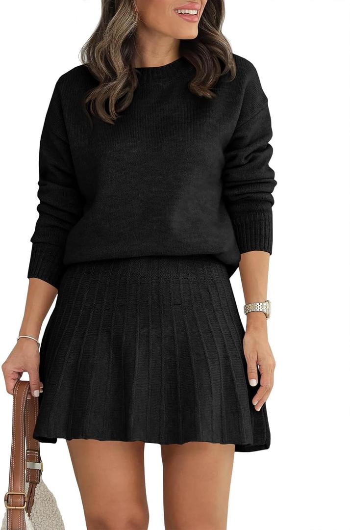 Tankaneo Womens Skirt 2 Piece Sweater Set Long Sleeve Crewneck Sweaters Pleated Mini Skirt Knit Lounge Sets (Small, Black)