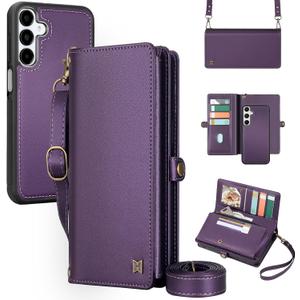 For Wallet Case Compatible with Samsumg Galaxy S24 Plus Multi-Function Detachable 2 in 1 Magnetic Phone Case Wallet,Flip Strap Zipper Card Holder Phone Case with Shoulder Straps (Purple)