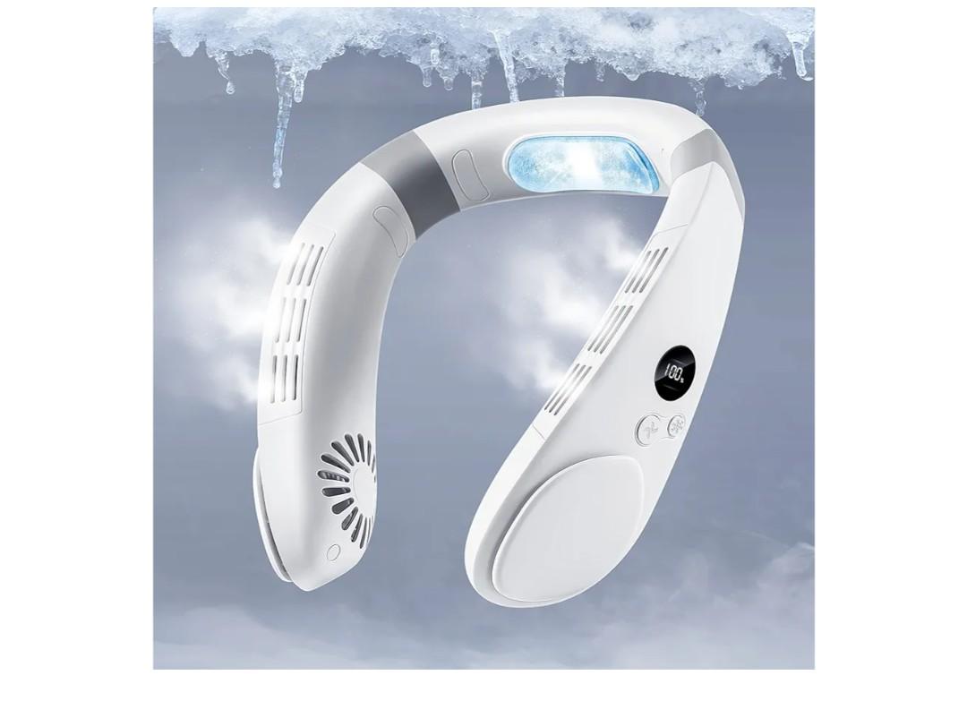 HomePlus Cooling Neck Fan, 2-in-1 Neck Air Conditioner Portable Rechargeable, Wearable Personal Fan, 4400mAh Large Battery, Ergonomic Design, White