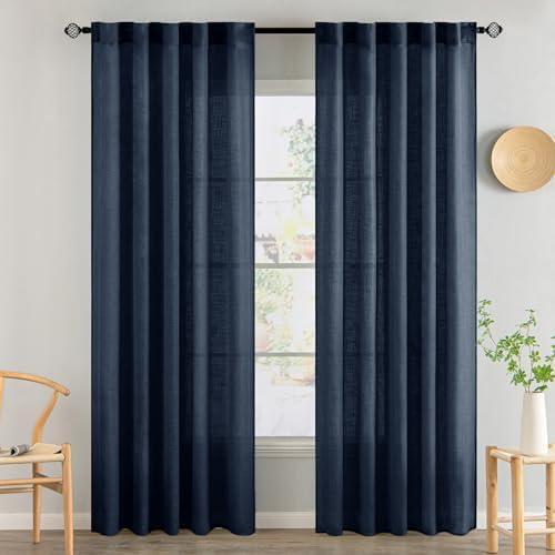 MIULEE Navy Blue Linen Curtains 84 Inch Length 2 Panels for Bedroom Living Room, Soft Thick Linen Textured Natural Window Drapes Semi Sheer Light Filtering Back Tab Rod Pocket Burlap Look Decor