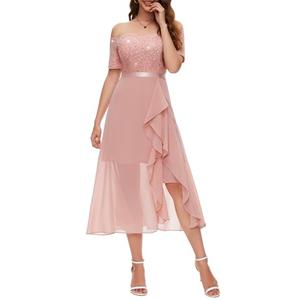 BeryLove Women Homecoming Sequin Formal Cocktail Party Dress Off Shoulder Wedding Guest Midi Evening Glitter Bridesmaid Dresses 7085 (Blush, Large)