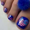 4th of July Press on Toenails Short Square WLGDLH Blue Toenail Press ons Glossy Fake Toe Nails Heart Flower Stripes False Toenails Full Cover Acrylic Glue on Toenail for Women 24Pcs