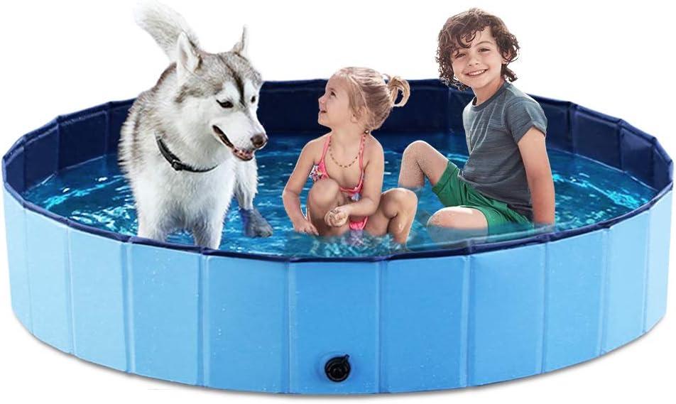 Jasonwell Foldable Dog Pet Bath Pool Collapsible Dog Pet Pool Bathing Tub Kiddie Pool Doggie Wading Pool for Puppy Small Medium Large Dogs Cats and Kids 63" Blue (Mdf Wood Blue)
