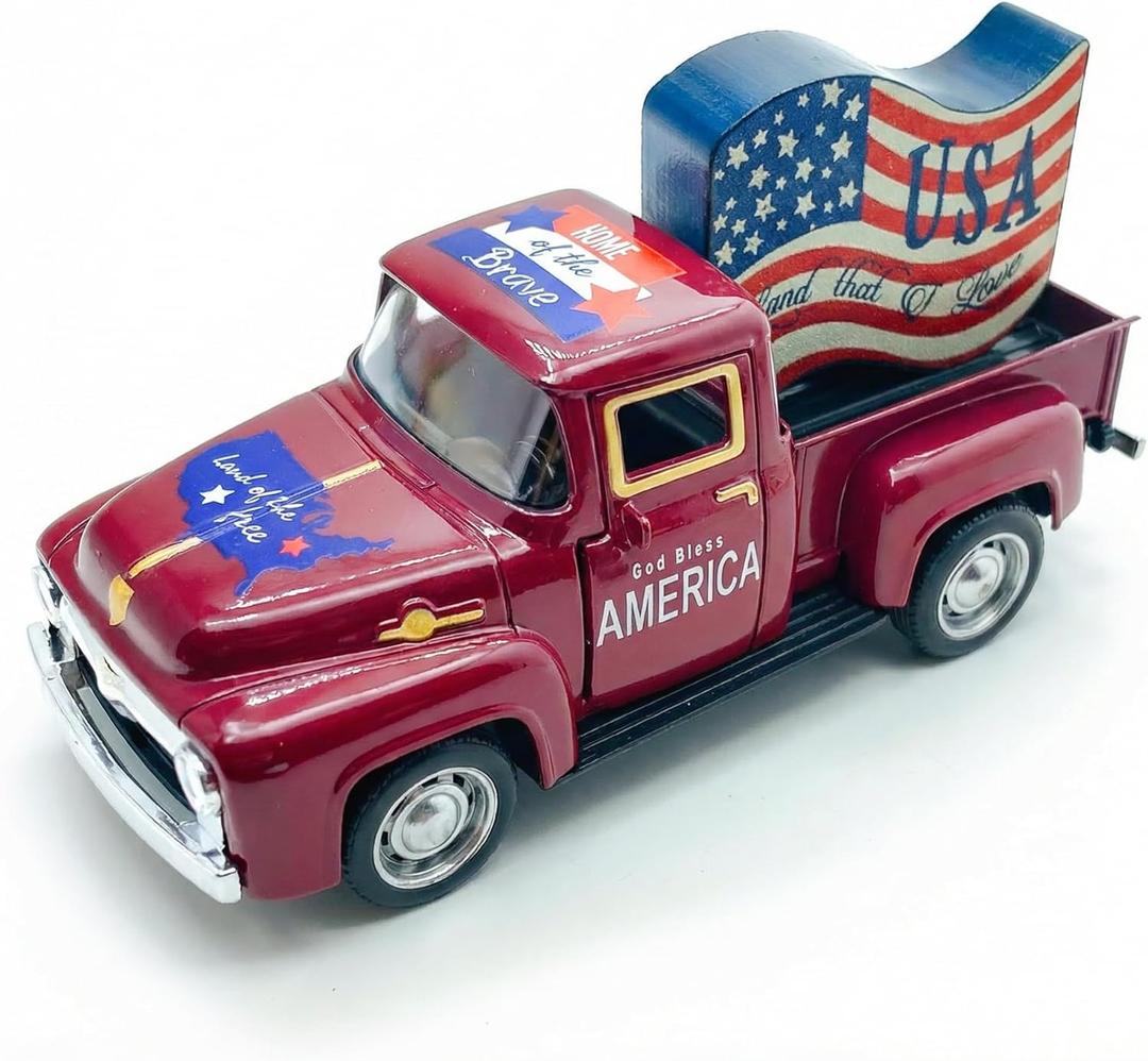 4th of July Decorations Patriotic Vintage Metal Truck Decor with Wooden USA Flag & Stars for Home & Office, America 250th Anniversary Independence Day Memorial Day Patriotic Table Centerpiece Gifts