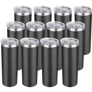 HASLE OUTFITTERS 20 oz Skinny Tumblers Bulk Set, Stainless Steel Insulated Slim Tumblers with Lids, Reusable Double Wall Travel Coffee Mugs, Durable Powder Coated Travel Water Cups(Black, 12)