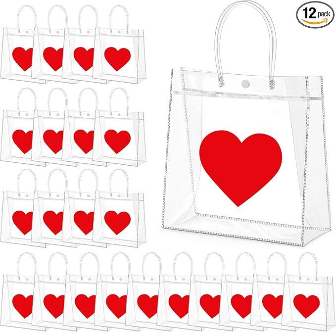 Kolldenn 12 Pcs Mother's Day Heart Gift Bags Bulk – Clear PVC Bags with Handle, Reusable Treat Tote for Mother Women Weddings Birthdays Anniversaries Party Favors (Red, 9.84"x 9.84"x 3.54")