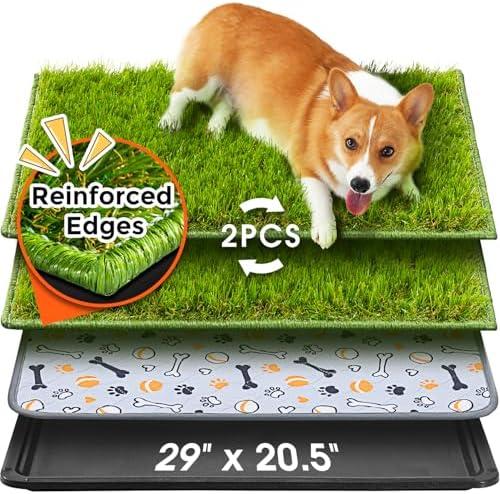 Hompet Dog Grass Pad with Tray Large, 29"x20.5", 2 Reusable Artificial Turf for Dogs Potty, Waterproof Non-Slip Washable Pee Pads, Quickly Absorbency Portable Dog Litter Box for Indoor/Outdoor Use