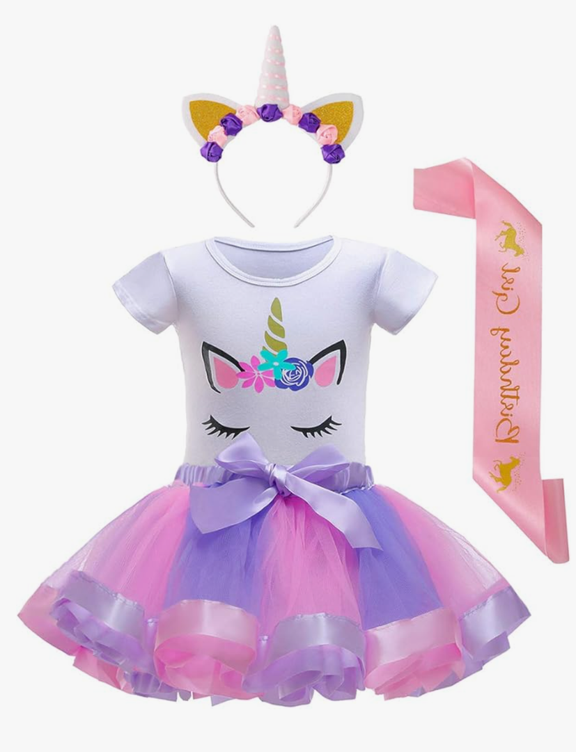 Little Girls Unicorn Birthday Party Outfit, Unicorn Tutu Dress, Headband, Shirt & Satin Sash, 2-4T
