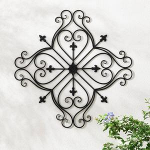 Glitzhome Vintage Wall Decor, Black Artistic Beauty Metal Garden Ornament Powder-Coated Matte Black Finish Charming Fleur-de-lis Outdoor Indoor Decoration
