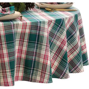Elrene Home Fashions Holiday Fireside Red & Green Tartan Plaid Christmas/Winter Cotton Tablecloth, 70"x70" Round