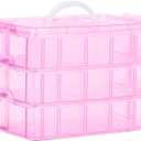 Sooyee Bead Organizer,3-Tier Craft Organizers and Storage,Stackable Storage Containers with 30 Compartments Dividers for Washi Tape,Toy, Nail,Art Supplies, Fishing Tackle, Pink
