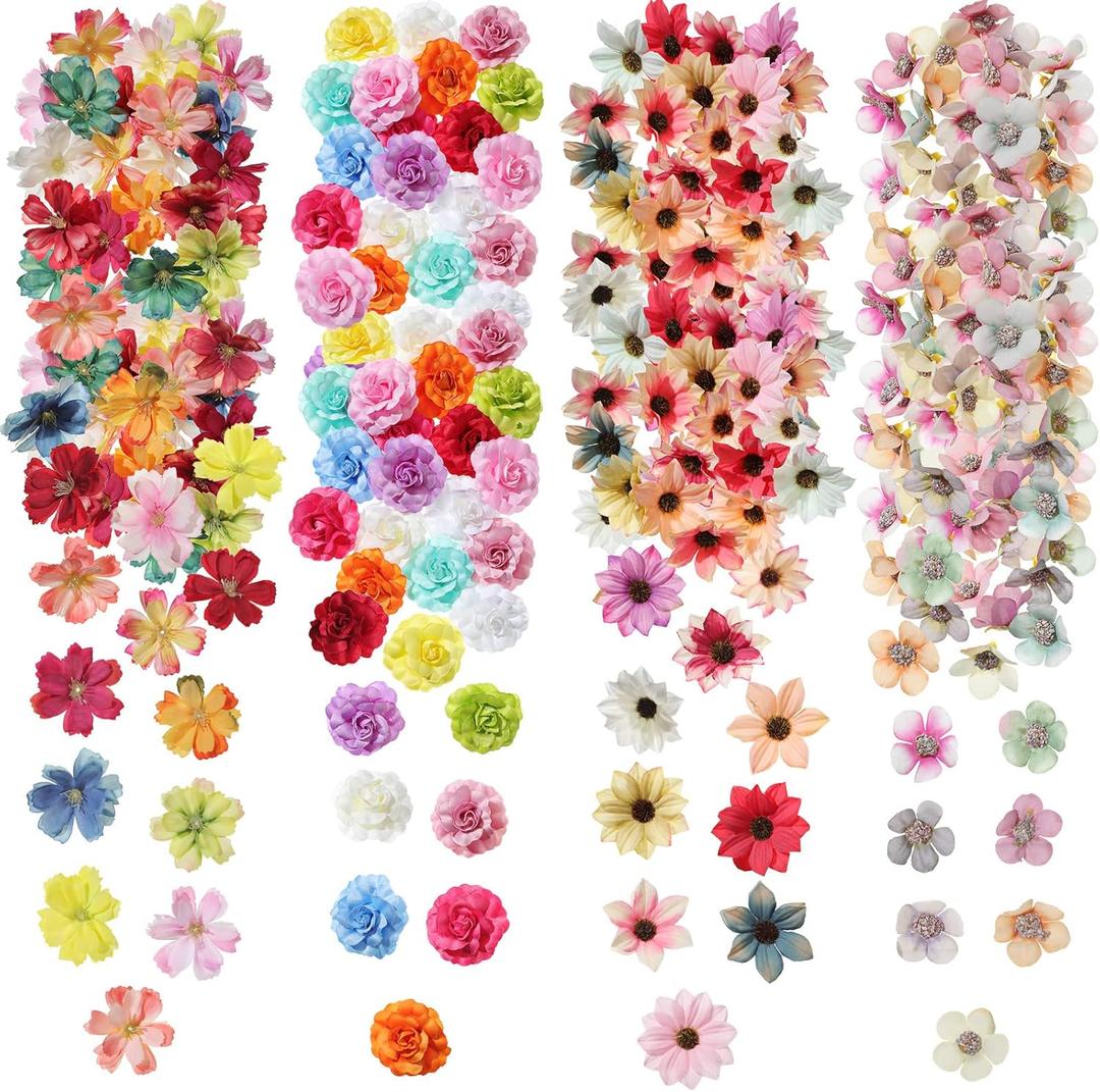 Cindeer 217 Pcs Mini Fake Heads Flowers Bulk Craft Fake Rose Daisy Heads Small Silk Artificial Flowers for Crafts Faux Decorations Flower for Art Crafts Wedding Party,2-4 cm(Charming Color)