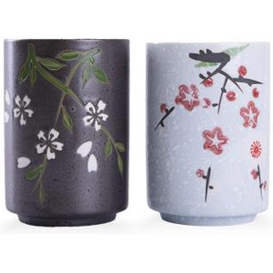 WHJY 10oz Transitional Chinese/Japanese style Handle-less Ceramic Tea cups teacup, Flora Pattern Set of 2 (flowers)