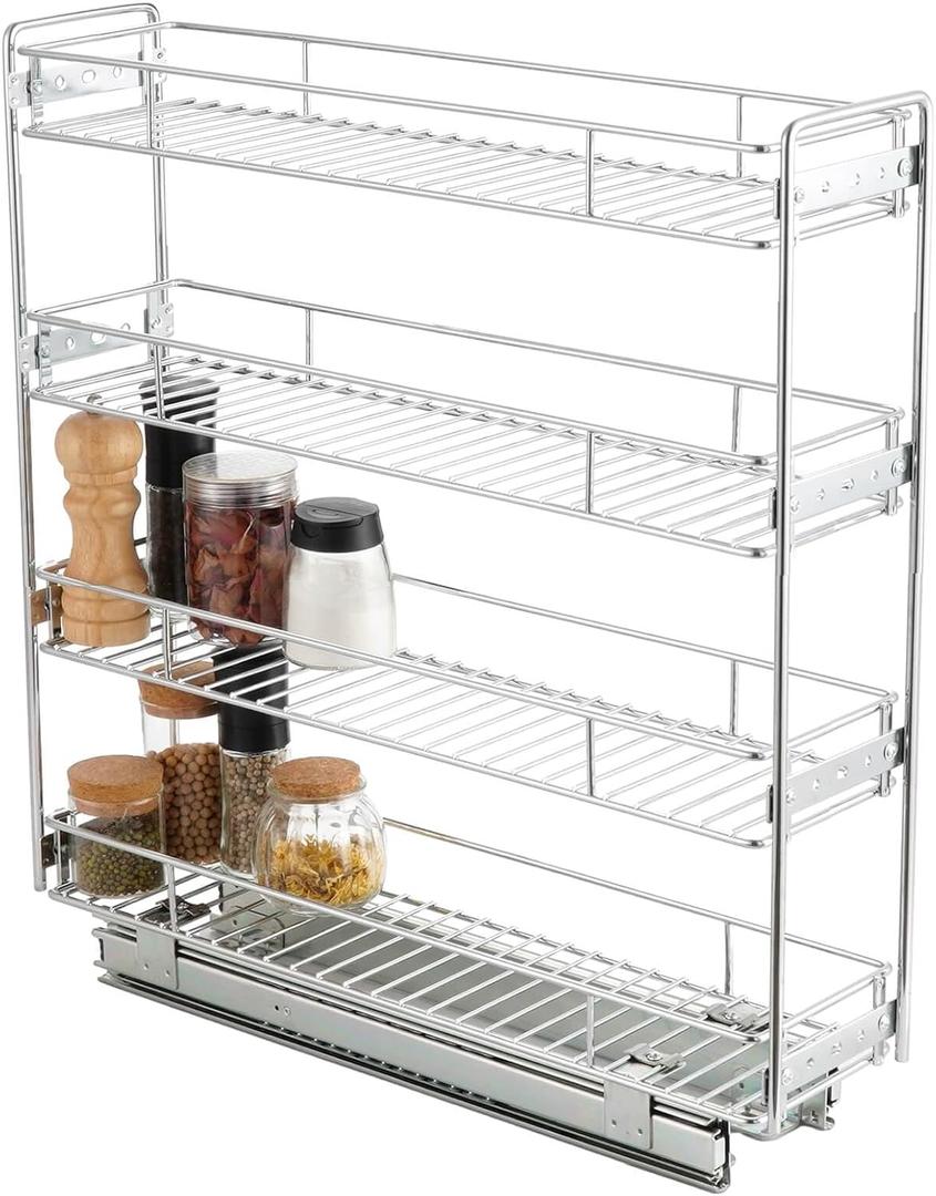 OCG 4-Tier Pull Out Kitchen Cabinet Spice Rack Holder Shelves (5" W x 21" D), Slide Out Slim Storage Wire Baskets for Storage Organization, Narrow Pull Out Storage for Narrow Space