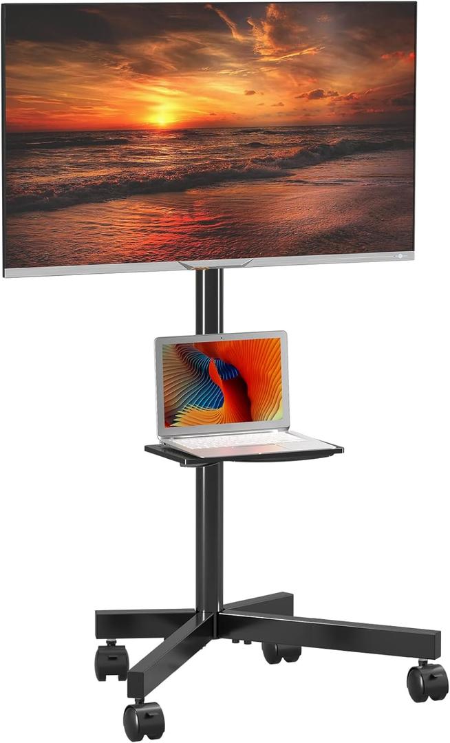 Mobile TV Carts on Wheels for 21-60 Inch Flat/Curved Panel Screens TVs - Height Adjustable Floor Trolley Stand with Shelf Holds up to 77lbs - Max VESA 400x400mm (Black)