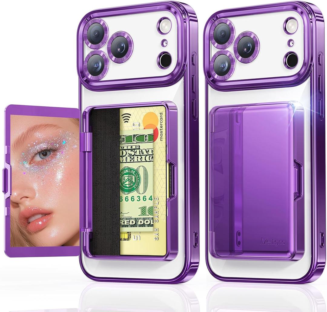 Meifigno Designed for iPhone 17 Pro Max Case Wallet (3-4 Cards & Cash), Built-in Mirror & Kickstand, Surround Raised Lens Protection, for 17 Pro Max Case with Card Holder for Women (6.9"), Purple