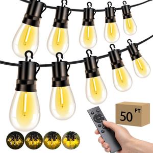 Outdoor Patio String Lights: S14 Shatterproof Bulb Outside Waterproof Light - 50FT 15M Remote Dimmable Connectable Hanging Outdoor Electric Lighting - Garden Backyard Yard Gazebo Porch Party