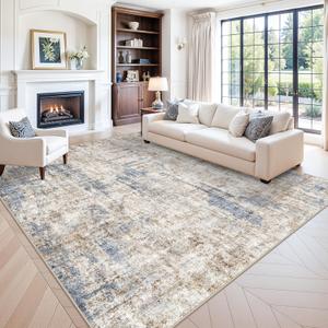 10x10 ft Square Living Room Rug Washable Modern Abstract Area Rug for Bedroom, Dining Room, Playroom Neutral Non-Slip Low-Pile Thin Indoor CarpetBlue Brown
