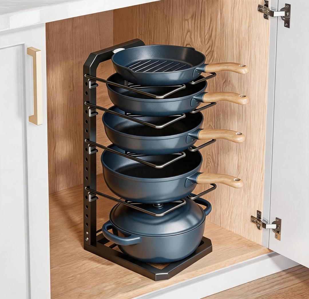 ots and Pans Organizer under Cabinet, 5 Adjustable Tiers Heavy-Duty Pan Pot Organizer with 16.5" Height, Holds 55 LB - Cast Iron Skillets, Griddles, Shallow Cookware