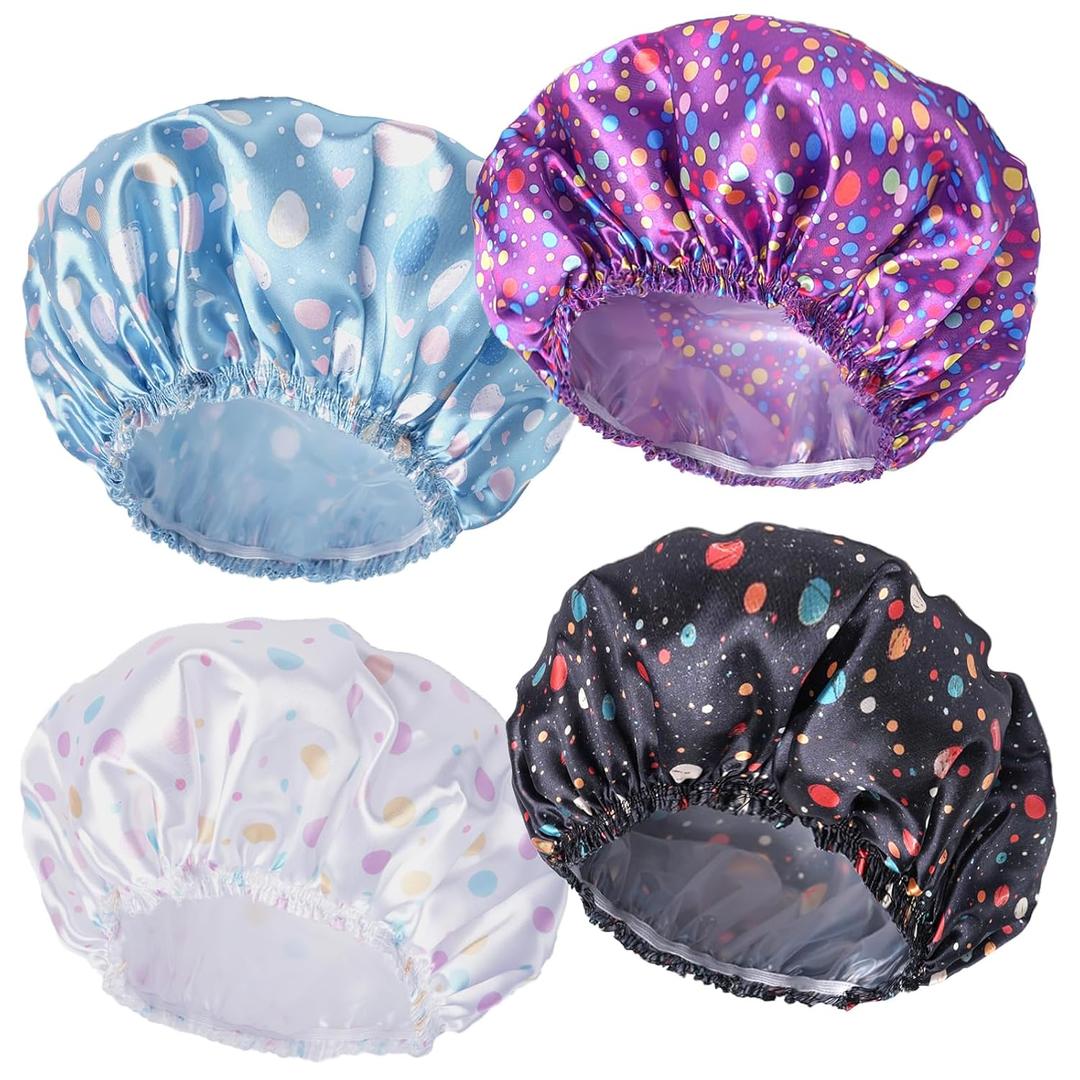 2 x Shower Caps for Women, 4 PCS Elastic and Reusable Bath Caps, Double Layers Shower Cap Reusable Waterproof, Bathing Shower Caps, Environmental Bath Hair Protection Cap - Polka Dots