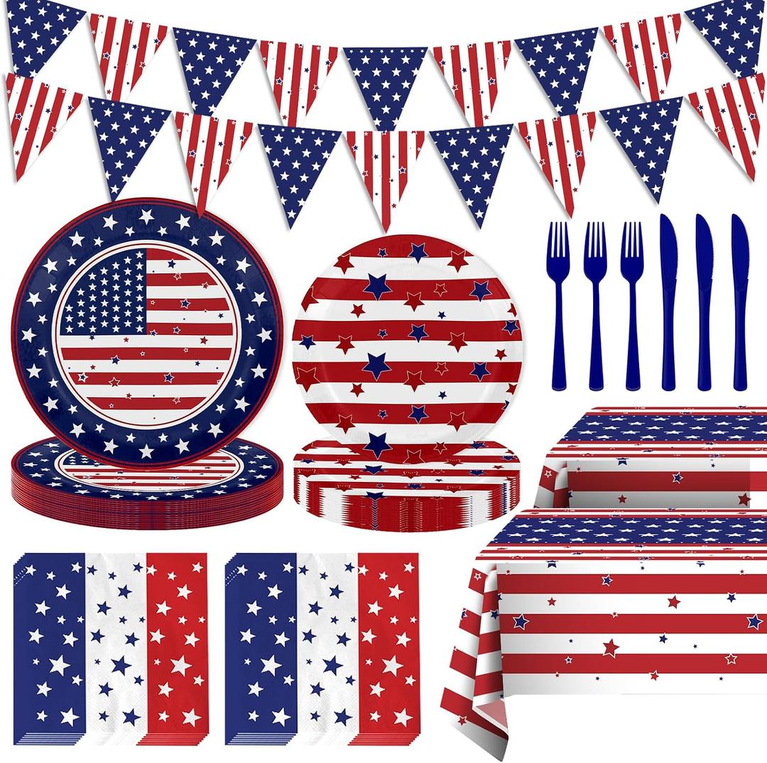 128pcs 4th of July Independence Day Party Supplies Set,Patriotic Theme Kit for Independence & Election Day Decorations,Includes Plates, Napkins, Forks,Knifves,Banner, Tablecloth Serve 25