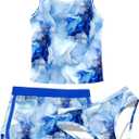 uideazone Girls 3 Piece Bathing Suit Summer UPF 50+ Racerback Swimsuit with Shorts Beach Tankini Sets 8-16 Years (9-10 Years, A1-marbling)