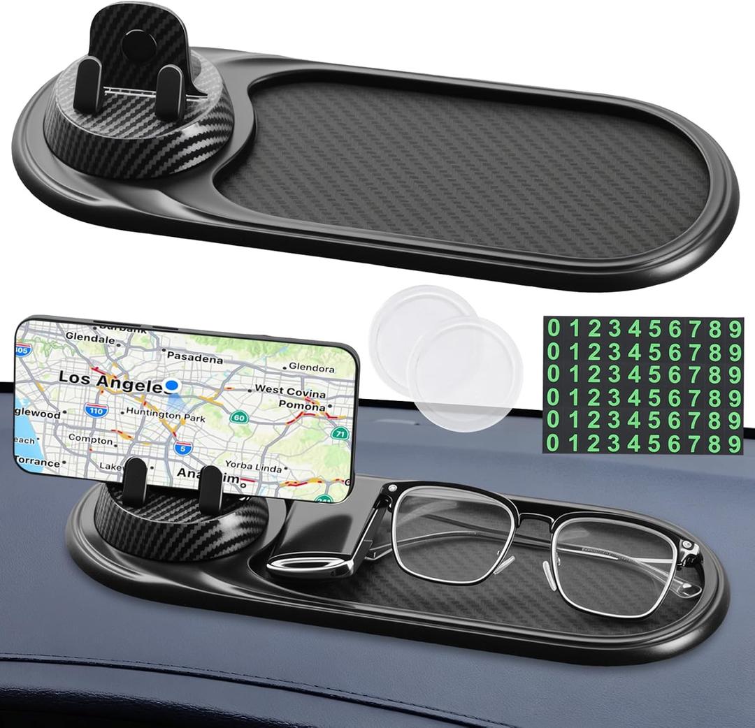2 x 3-in-1 Multifunctional Car Anti-Slip Mat, 360 Rotating Phone Holder with Hidden Parking Number Plate, PVC Dashboard Mat, Fit for Cars, Trucks, SUVs