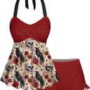 Rosegal Women Plus Size Goth Two Piece Tankini Set Skull Rose Flower Halter Swimsuits (Red, XXL)