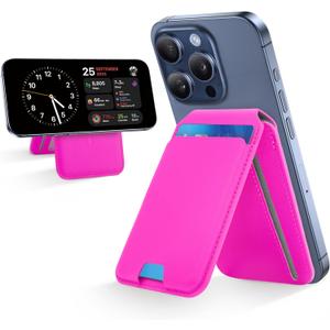 CreaDream Wallet for Magsafe, Magnetic Card Holder with RFID for iPhone 16/15/14/13/12 Series, Adjustable Phone Stand with 5 Card Holder, Hot Pink