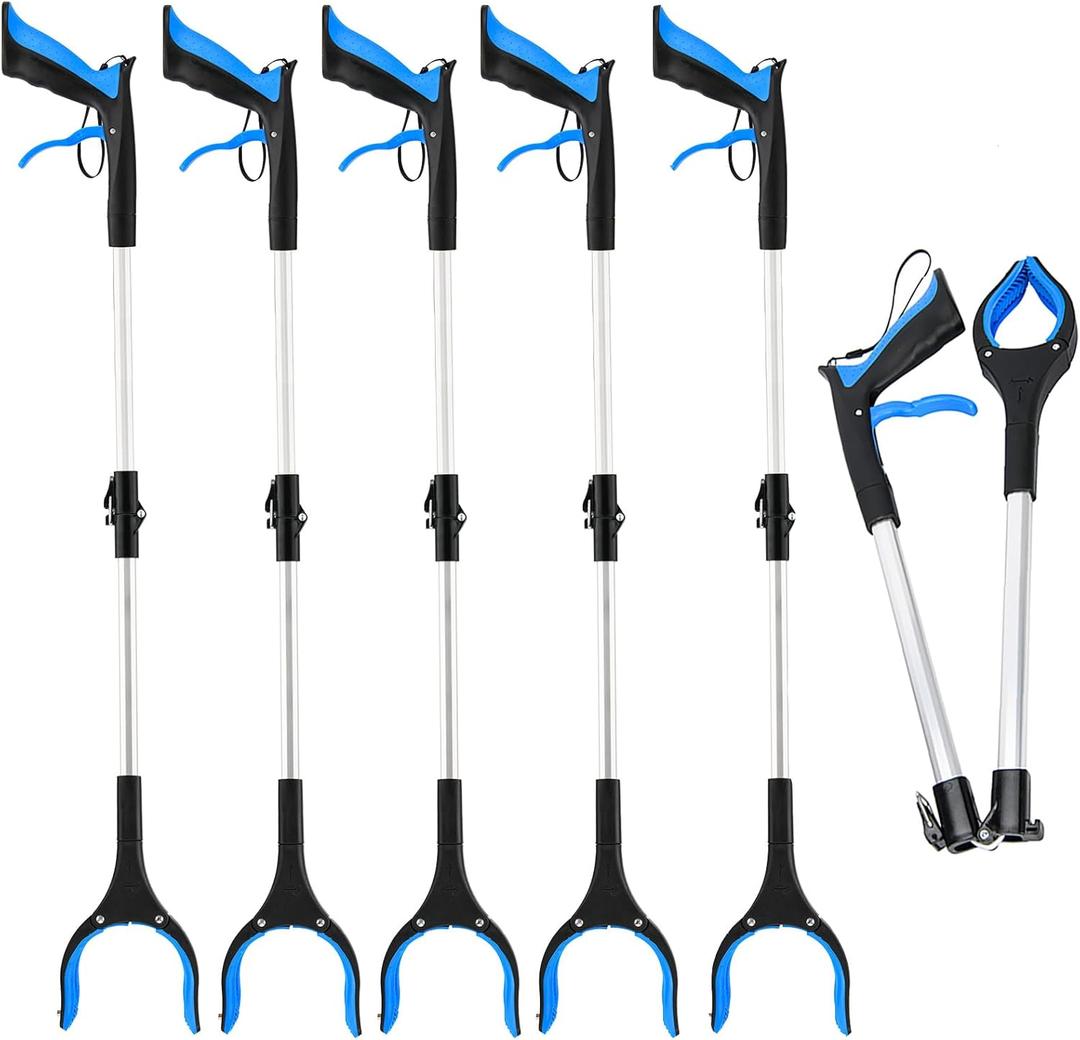 6 Pack Grabber Reacher Tool,32 Inch Extra Long Foldable Grabber Tool with Buckle and Wrist Rope,360Rotating Anti-Slip Jaw,Trash Claw Grabber Tool,Trash Picker Tool for Outdoor & Indoor (Deep Blue)