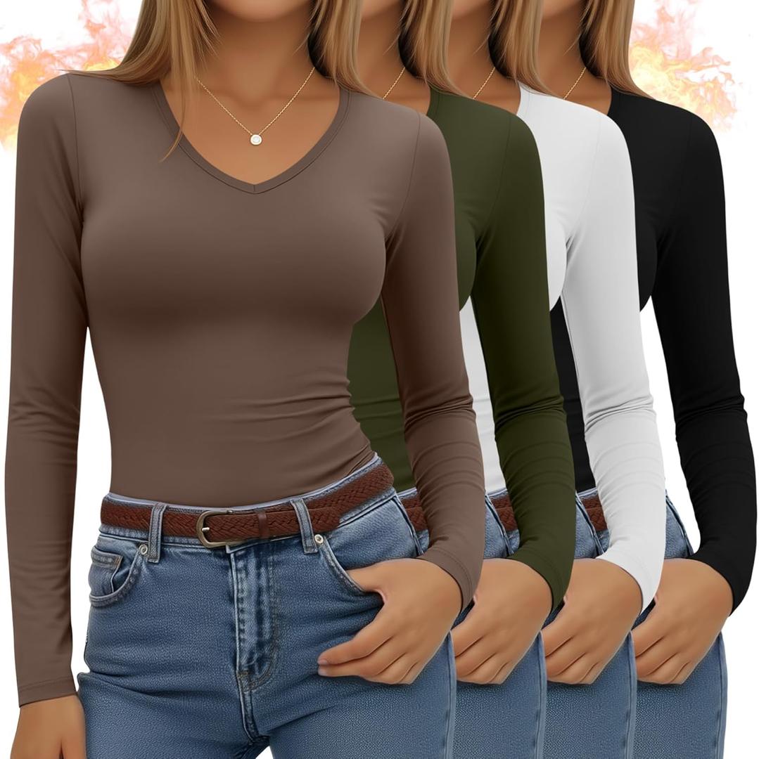 4 Pack Women's Long Sleeve Thermal Shirts Fleece Lined V Neck Slim Fit Underwear Base Layer Basic Winter Warm Tops (Medium, Black, White, Olive Green, Gray Coffee)