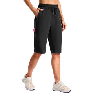 SANTINY Women's 13''/ 15"/ 17'' Long Hiking Shorts with Zipper Pockets Lightweight Quick Dry Below The Knee Capris for Women (Black, M)