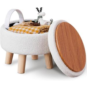 Wimarsbon Storage Ottoman, Modern Round Footrest with Soft Padded Seat, Teddy Velvet Footstool with Wood Legs, Accent Small Table or Plant Stand for Hallway, Living Room (Cream), 13"D x 13"W x 10.6"H
