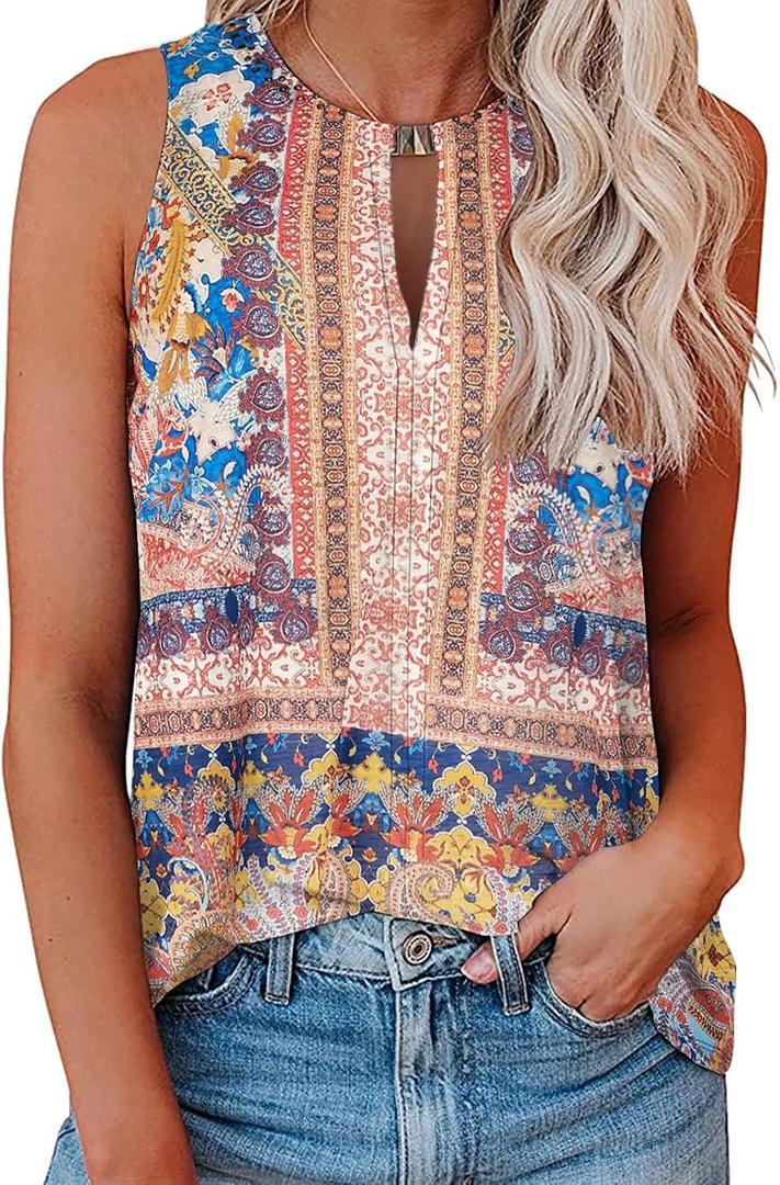 Soesdemo Tank Top for Women Keyhole V Neck Sleeveless Summer Casual Loose Fit Business Cute Floral Basic Shirt Blouse