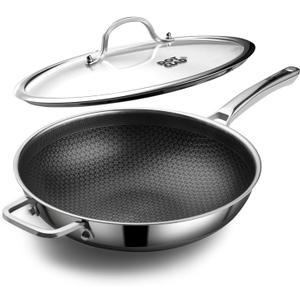 Wok pan,Hybrid 12 Inch Wok with Lid, PFOA Free Cookware,non stick Stainless Steel Woks & Stir-fry pans Nonstick, Dishwasher and Oven Safe, Works on Induction