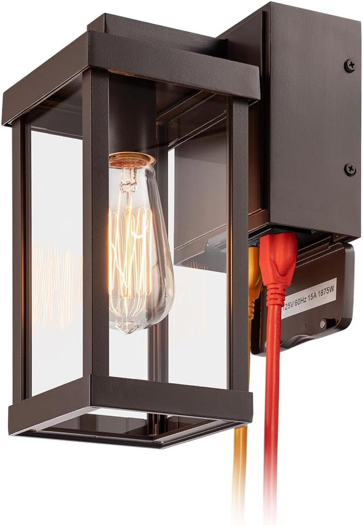 mirrea 11" Classic Outdoor Wall Sconce with Built-in GFCI Outlet 1 Light in Rectangular Metal Frame and Clear Glass Shade Waterproof Porch Light Patio Light (Oil Rubbed Bronze)