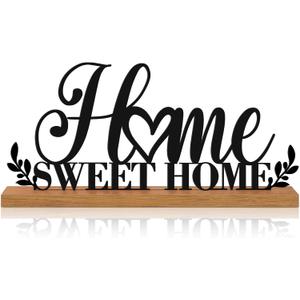 Home Sweet Home Sign House Table Decor Bless Centerpiece Black Metal Word Sign with Wooden Base for Sweet Family Tabletop Desk Decoration Housewarming Gift
